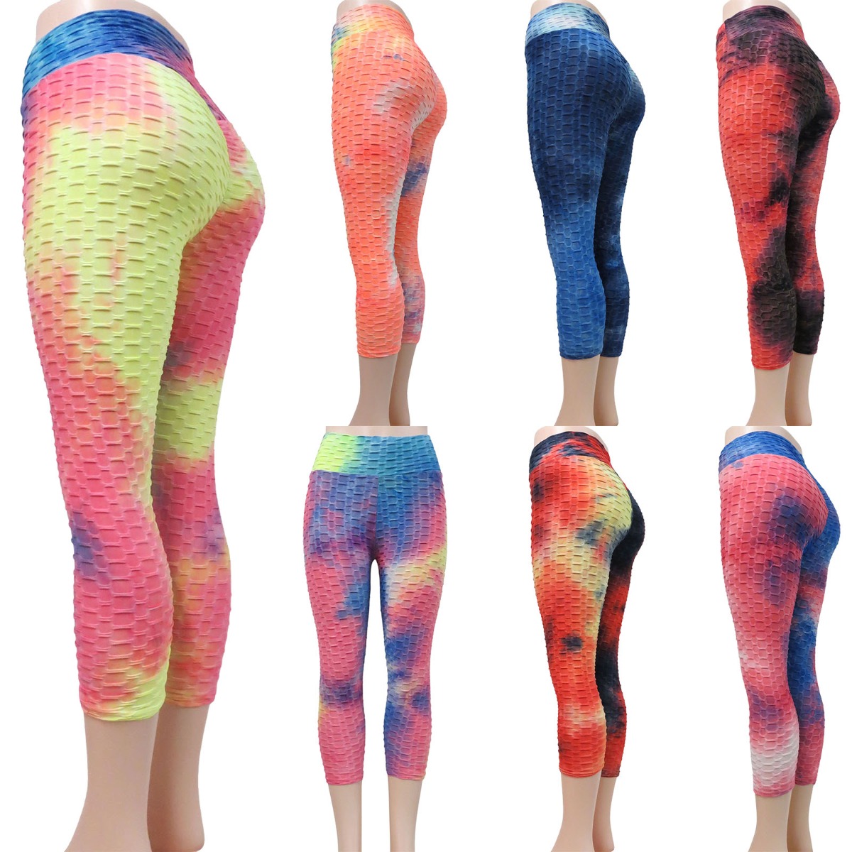 Women's Anti-Cellulite Honeycomb Textured Scrunch Butt LEGGINGS - Tie-Dye Colors