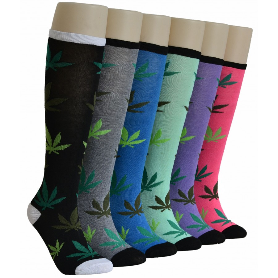 Women's Novelty Knee High Socks - Marijuana Leaf Print -  Size 9-11