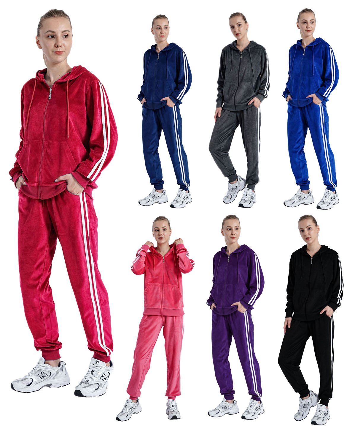 Women's Plus Size 2-Piece Soft Athletic Sweatsuit & Jogger Sets w/ Two Tone Stripes - Choose Your Co