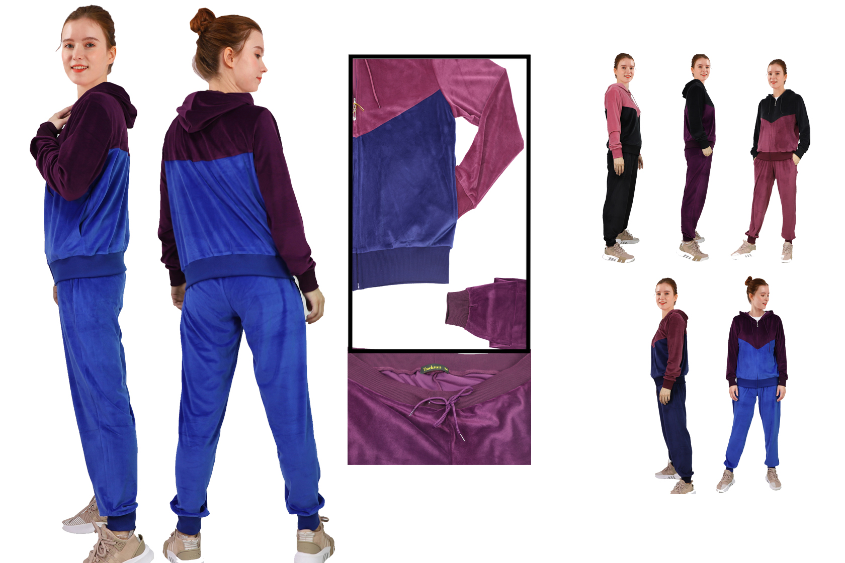 Women's 2-Piece Soft Velvet Sports Zip-Up Hoodie & Sweatpants Sets w/ Two Tone Colors - Choose Your 
