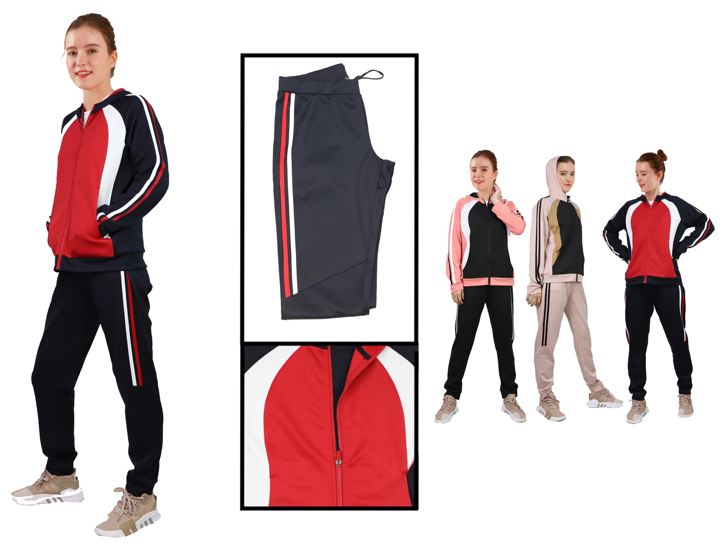 Women's 2-Piece Two Tone Sports Zip-Up Hoodie & Sweatpants Sets w/ Contrast Stripes - Choose Your Co