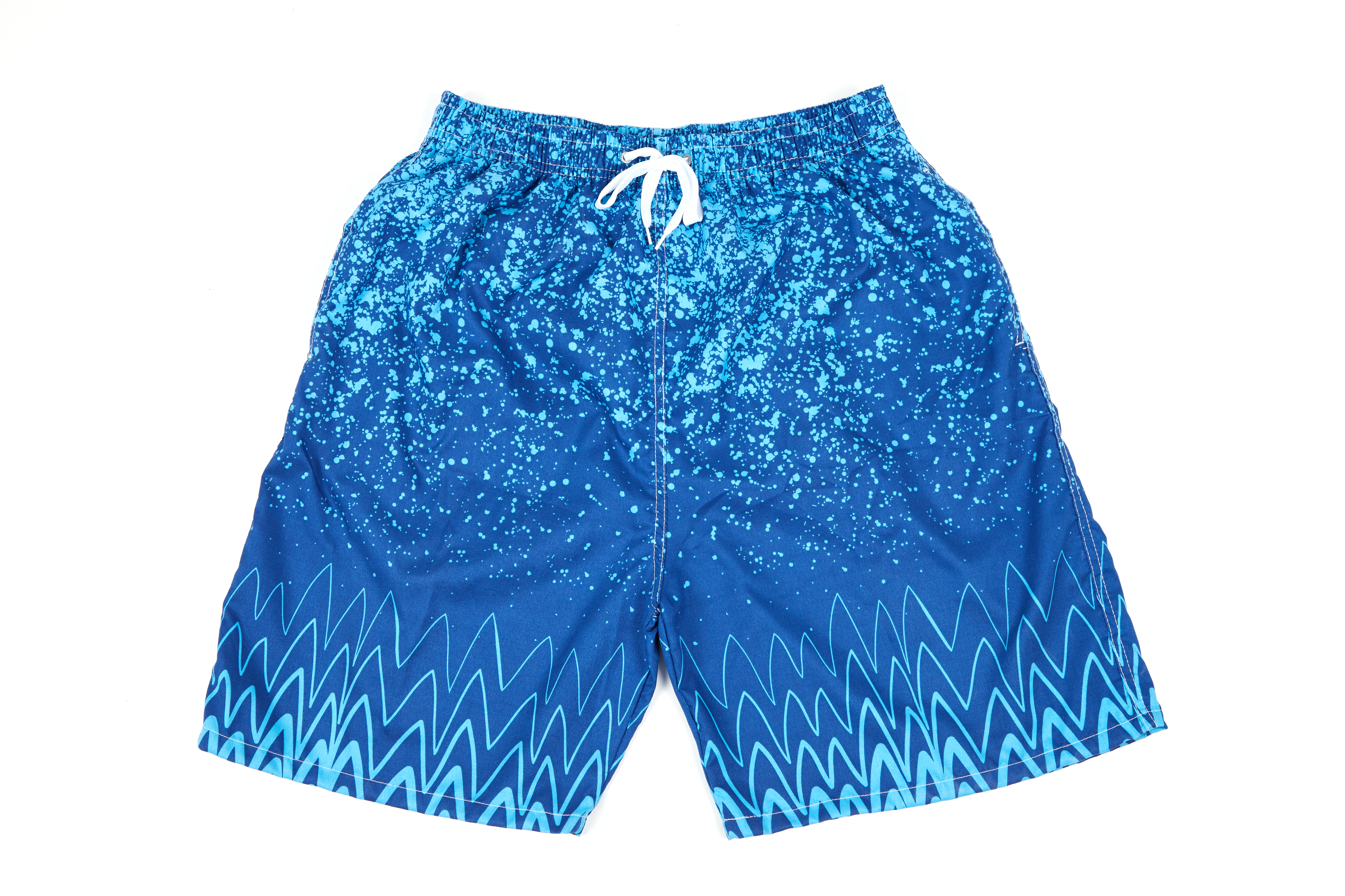 Men's Printed Swim Trunks with Adjustable Waist Drawstring  - Blue PAINT Splat Pattern & Ocean Wave 