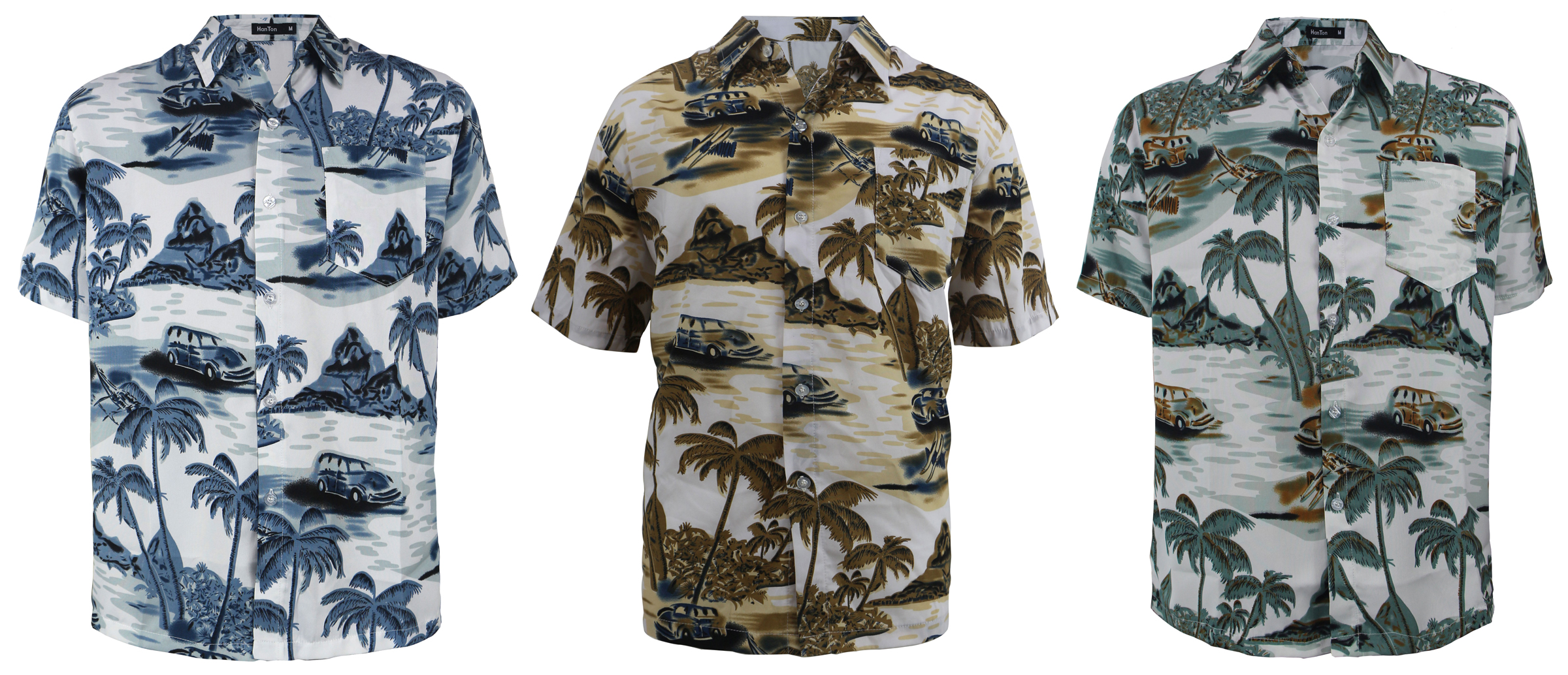 Men's Hawaiian SHIRTs w/ Front Pocket - Palm Tree Prints - Sizes Small-2X