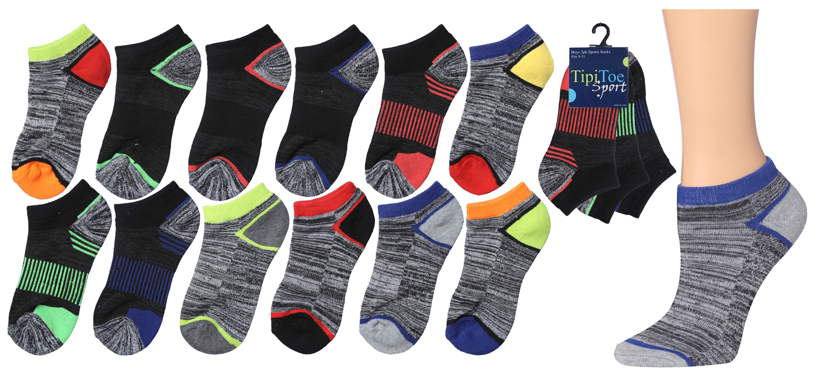 Boy's Cushioned Low Cut Socks w/ Arch Support - URBAN Sport Prints - Size 6-8 - 3-Pair Packs