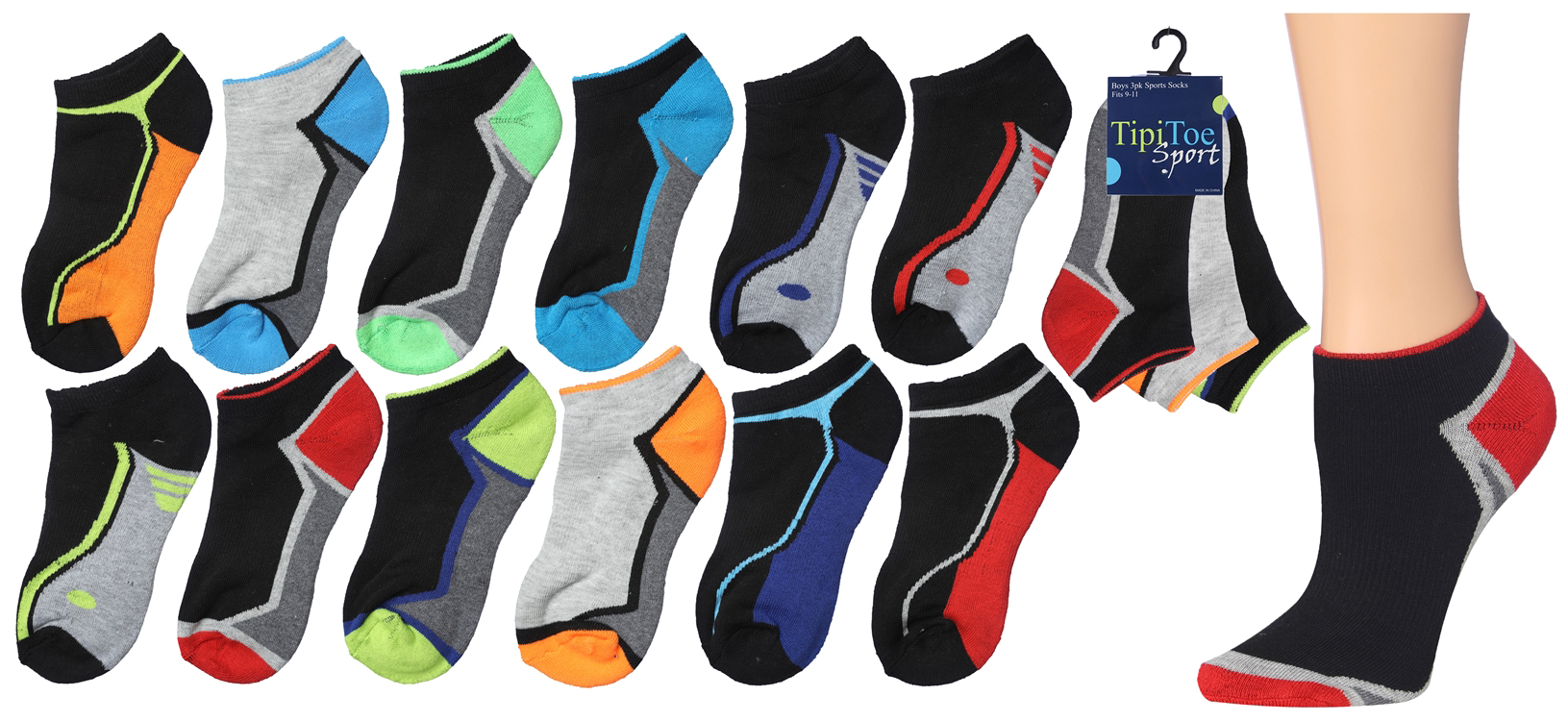 Boy's Cushioned Low Cut Socks w/ Arch Support - URBAN Sport Prints - Size 6-8 - 3-Pair Packs