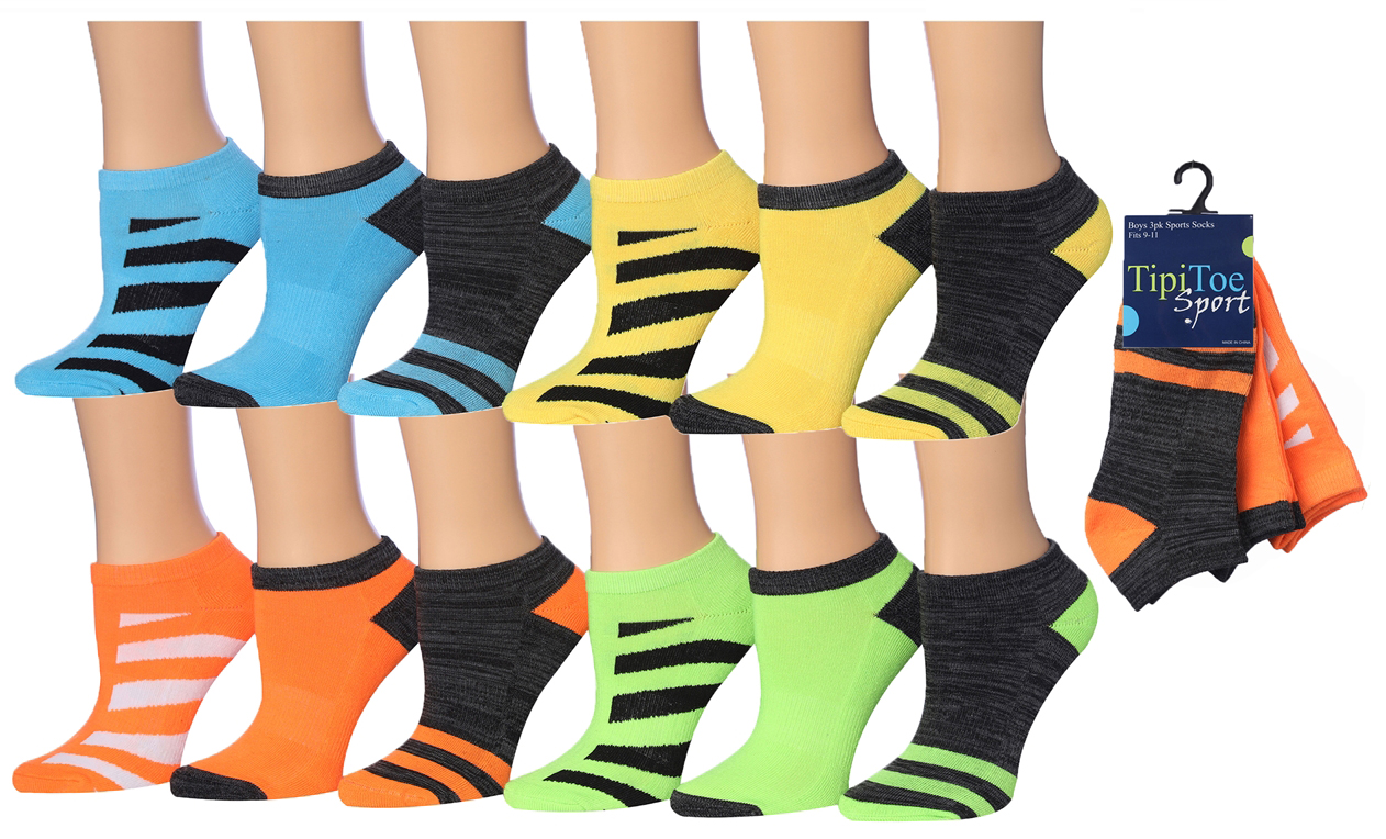 Boy's Cushioned Low Cut SOCKS w/ Arch Support - Neon & Striped Prints - Size 6-8 - 3-Pair Packs