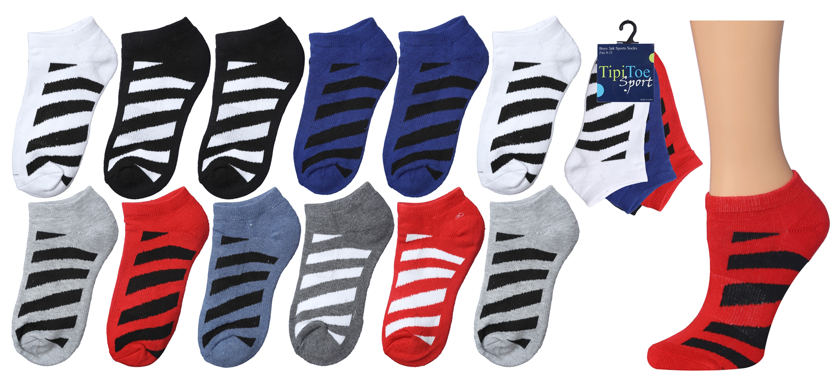 Teen Boy's/Women's Cushioned Low Cut SOCKS w/ Arch Support - Striped Prints - Size 9-11 - 3-Pair Pac