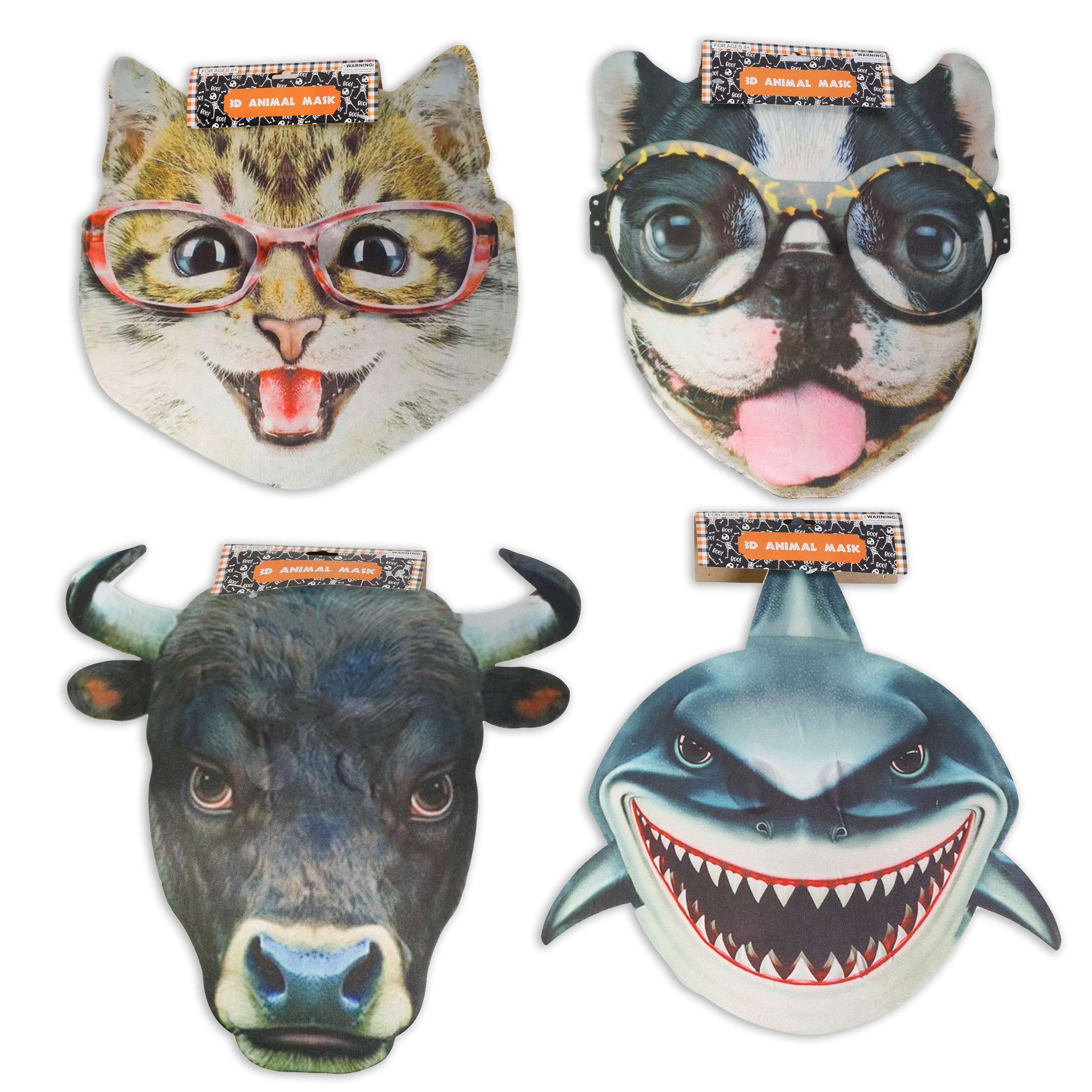 Mask 3d ANIMAL Realistic Jumbo Face 4ast Styles W/elastic BAND Hlwn Hdr Ages 8+