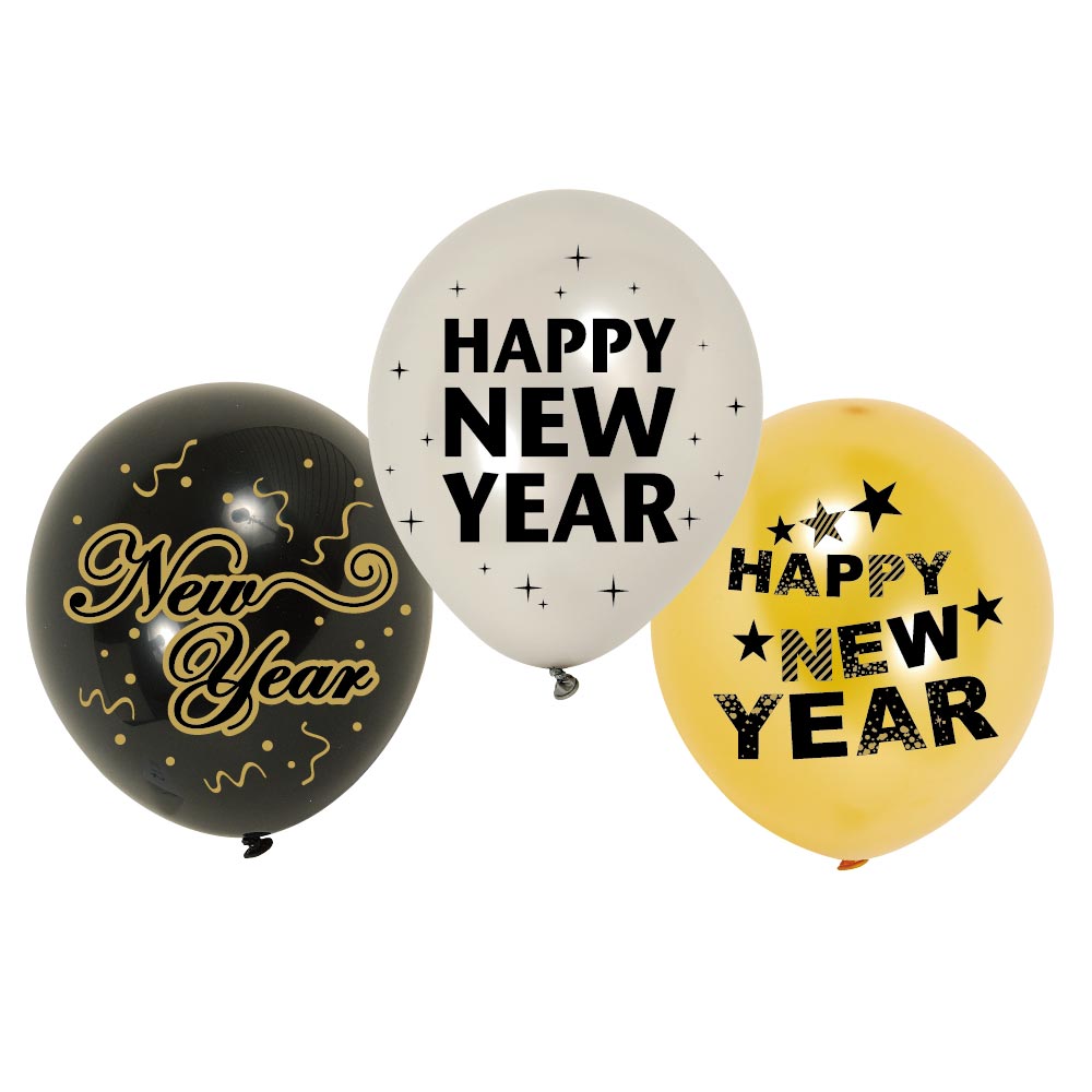 ''12'''' NEW Years Printed Balloons - 8-Packs''