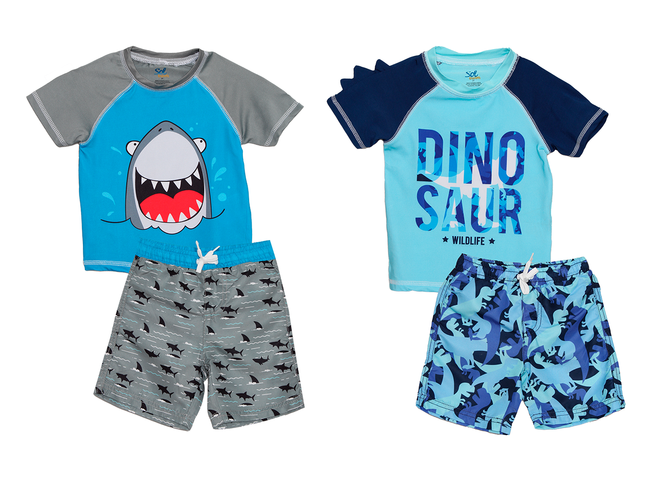 Toddler Boy's Short-Sleeved Rash Guard & Swim Trunk Sets - Shark & Dinosaur Print - Sizes 2T-4T