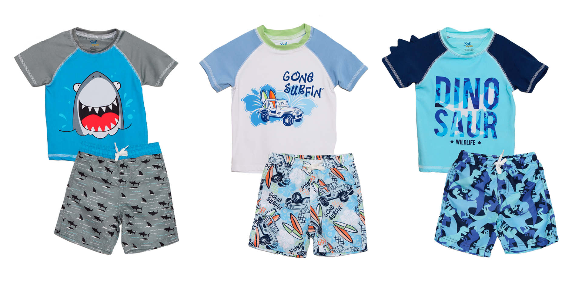 Toddler Boy's Short-Sleeved Rash Guard & Swim Trunk Sets - Beach & Dinosaur Print - Sizes 2T-4T