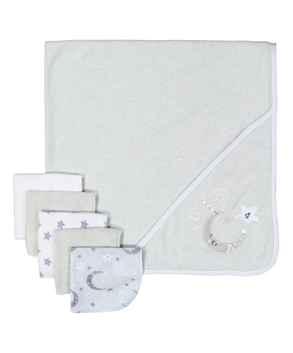 Baby Bathing Hooded Towel Sets w/ 5-Pack Washcloths & Embroidered Night Sky - Grey