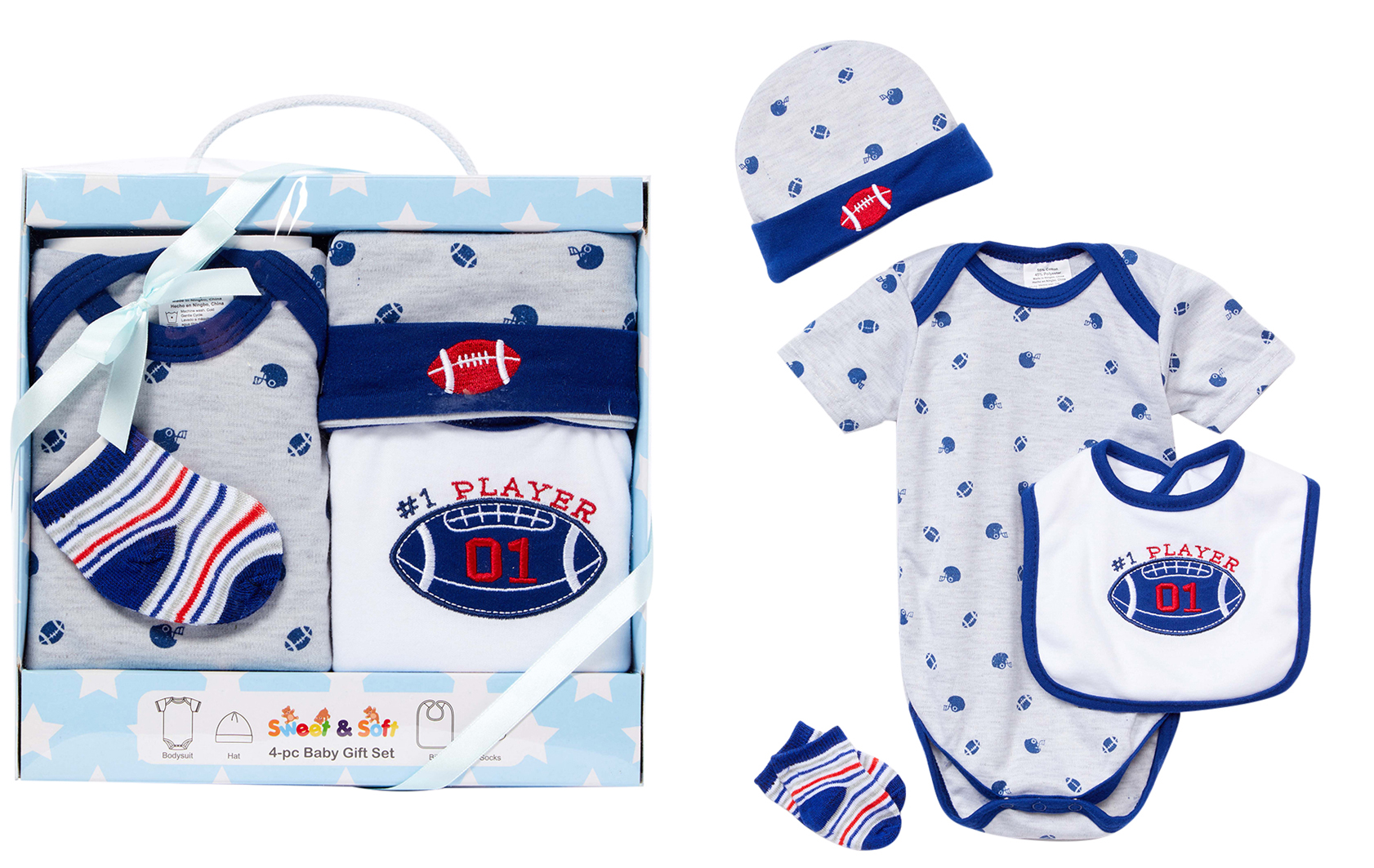 4 PC. Baby Boy's Gift Box Sets w/ Embroidered FOOTBALL Print