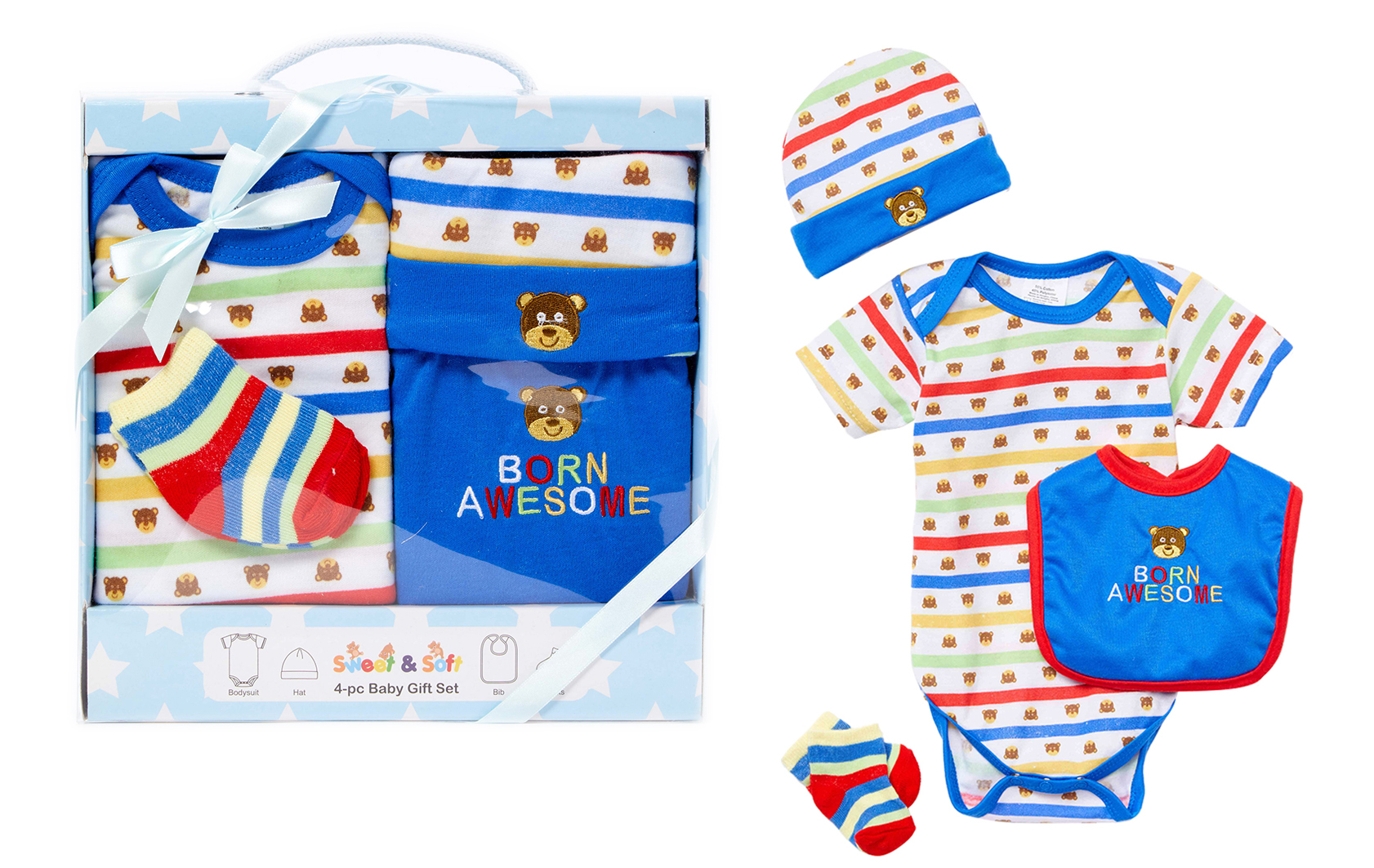 4 PC. Unisex Baby Gift Box Sets w/ Embroidered Bear & Born Awesome Print