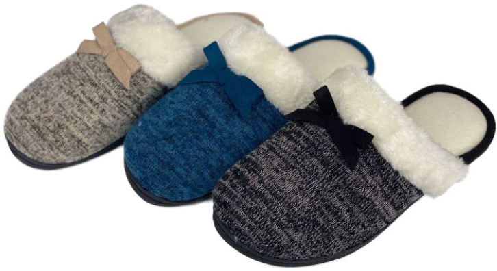 Women's JERSEY Knit Mule Slippers w/ Faux Fur Trim & Satin Bow