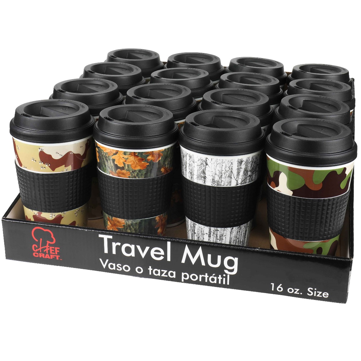 16 oz. Camouflage Travel Mugs in Shelf Display