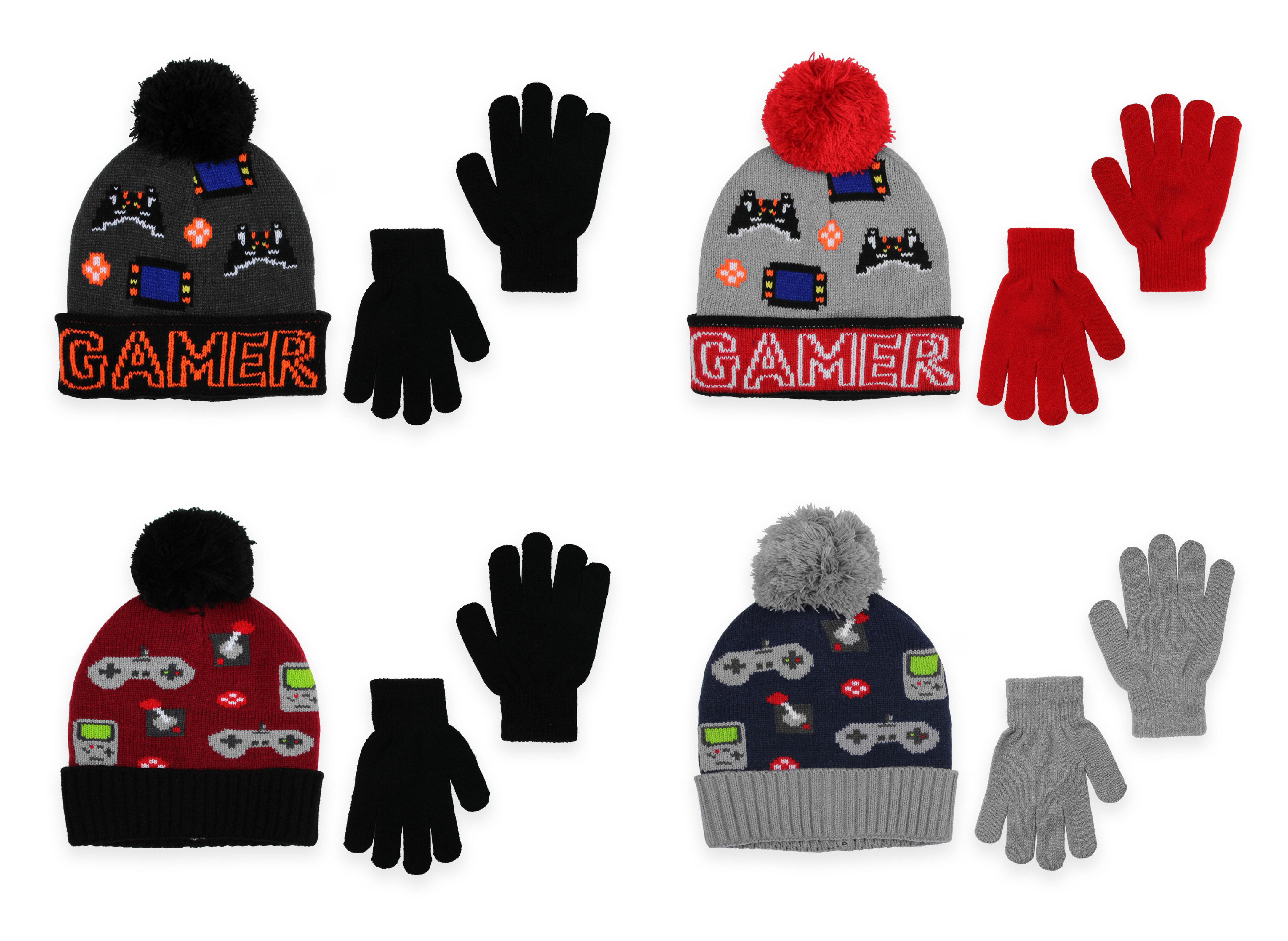 Boy's & Teen's Premium Knit Winter Hats & Gloves Sets w/ Video GAME Print & Pom Poms