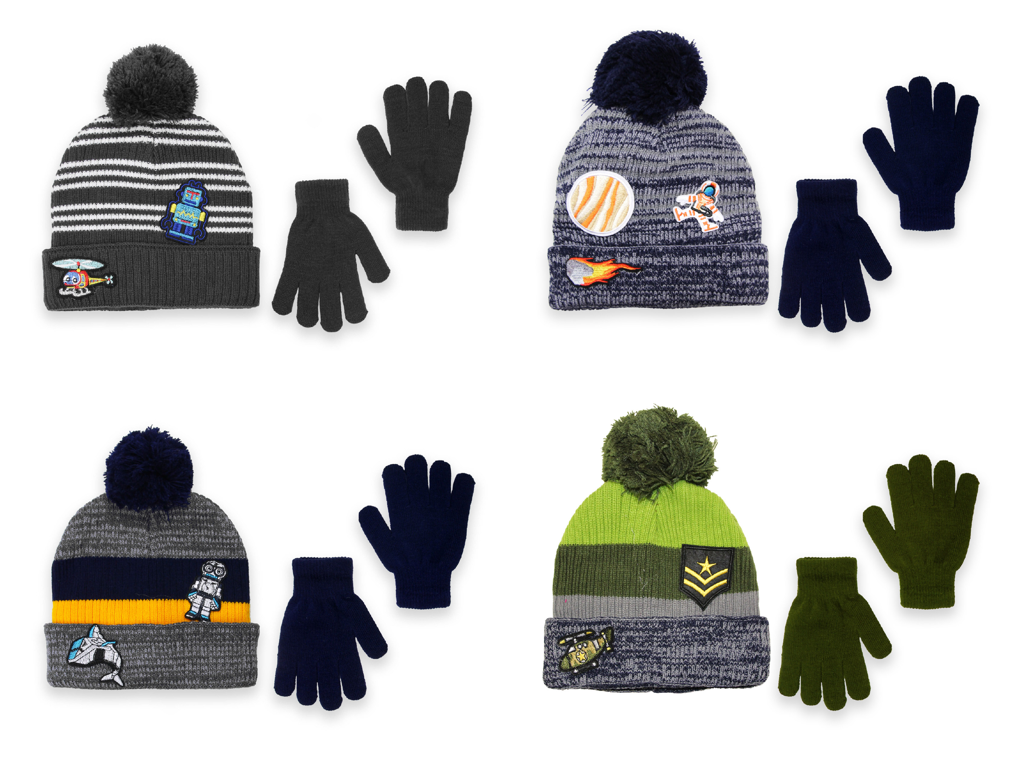 Boy's & Teen's Premium Knit Winter Hats & Gloves Sets w/ Embroidered PATCHES