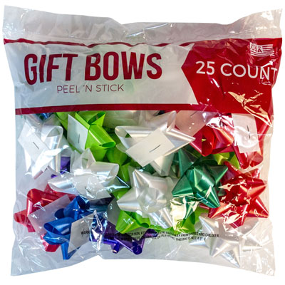Bows Christmas 25 Peel N Stick Asst Colors PrINted Polybag MADE IN USA