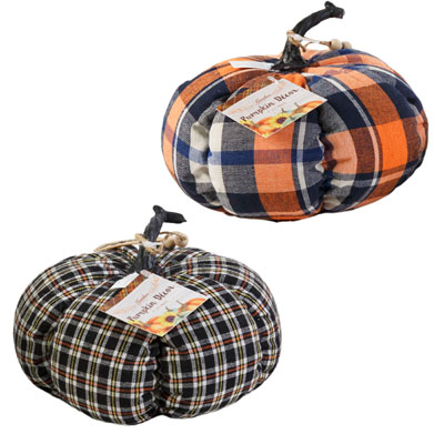 Pumpkin Stuffed Check Fabric Large 7in W/BEADS & Tag Harv Ht