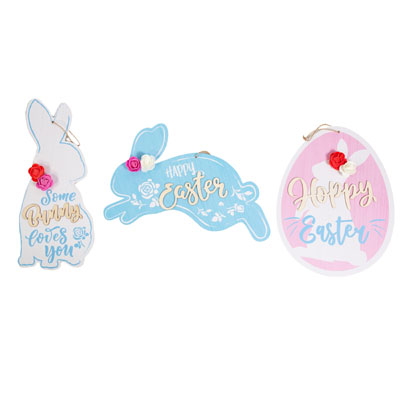 Easter Hanging Plaque 3ast Mdf Bunny Embellished W/eva FLOWERS Jute Rope Hanger/mdf Comply Lbl