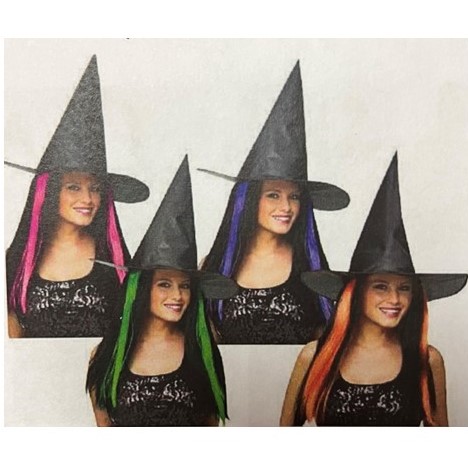 Witch HAT Adult Size W/hair 4ast Colors 17in Dia Ht/jhook
