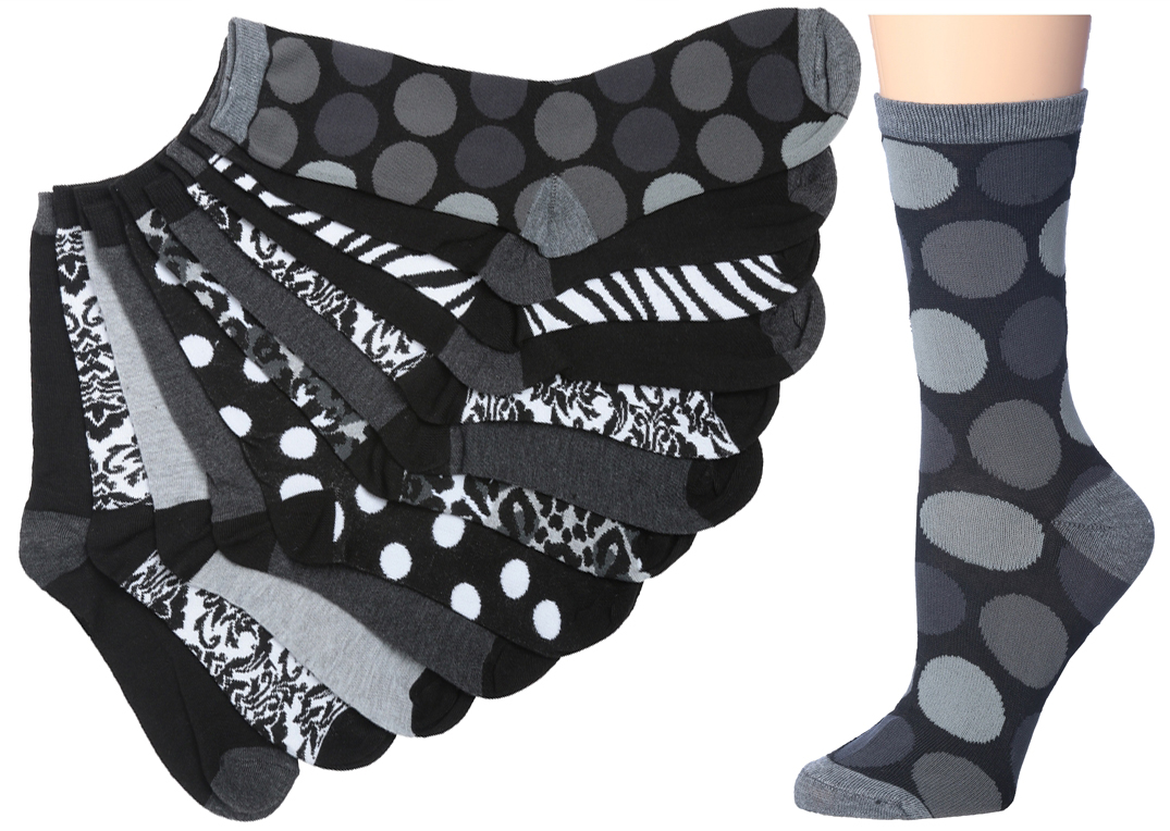 Women's Novelty Crew Socks - Greyscale Textile Theme - Size 9-11 - 6-Pair Packs