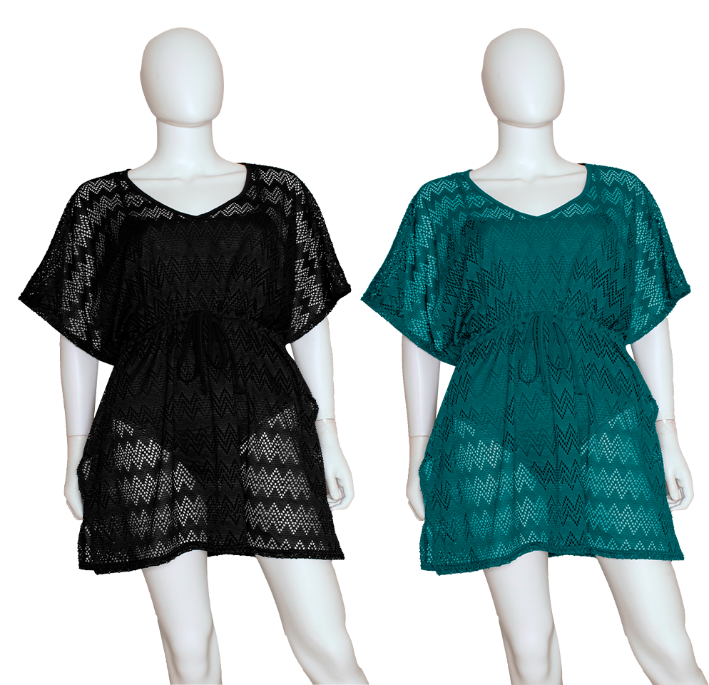 Women's Plus Size Mesh Pullover Cover Ups w/ Embroidered Chevron Patterns - Sizes 1X-3X