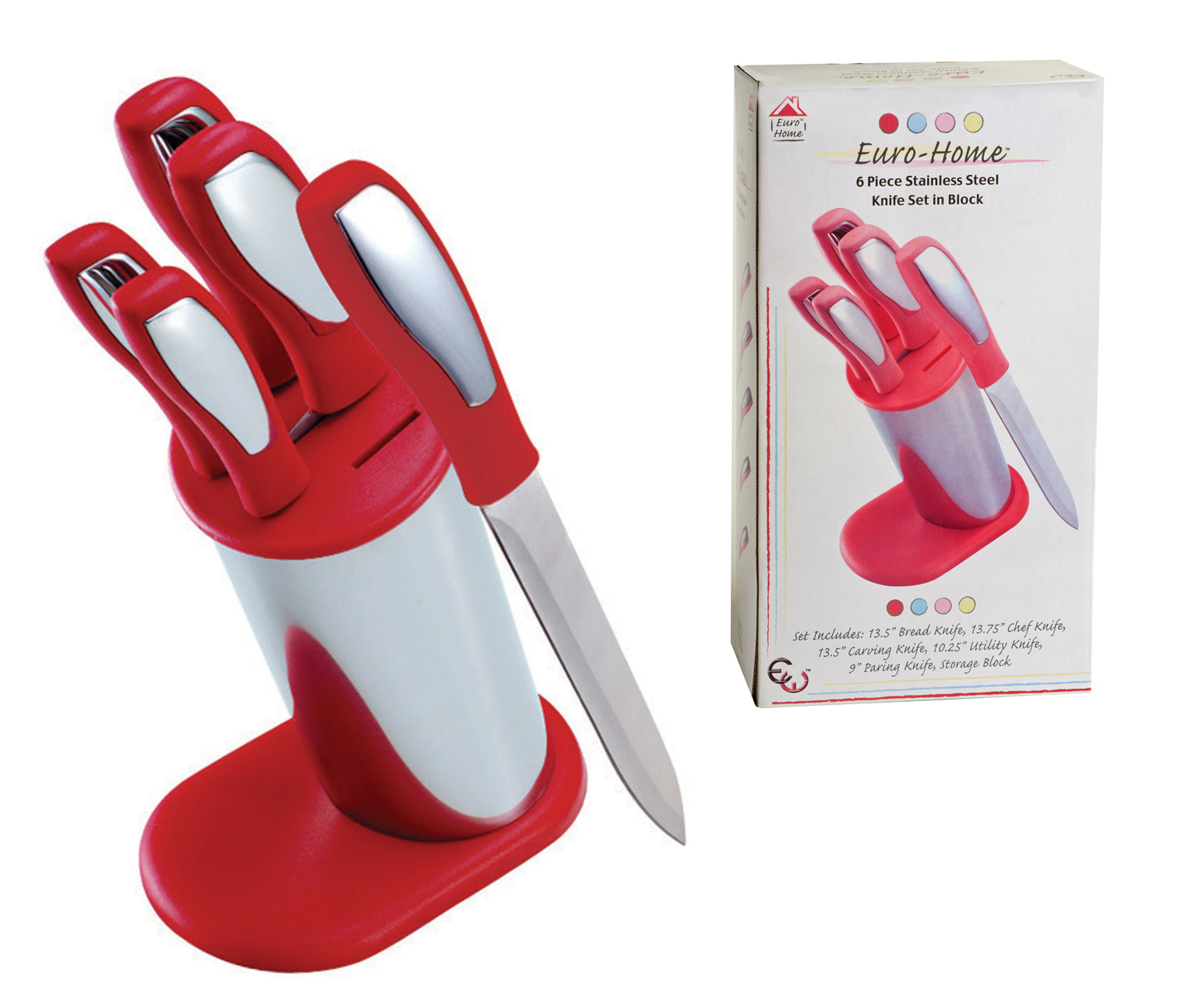 6-PC. Stainless Steel KNIFE Sets w/ KNIFE Holding Block - Red