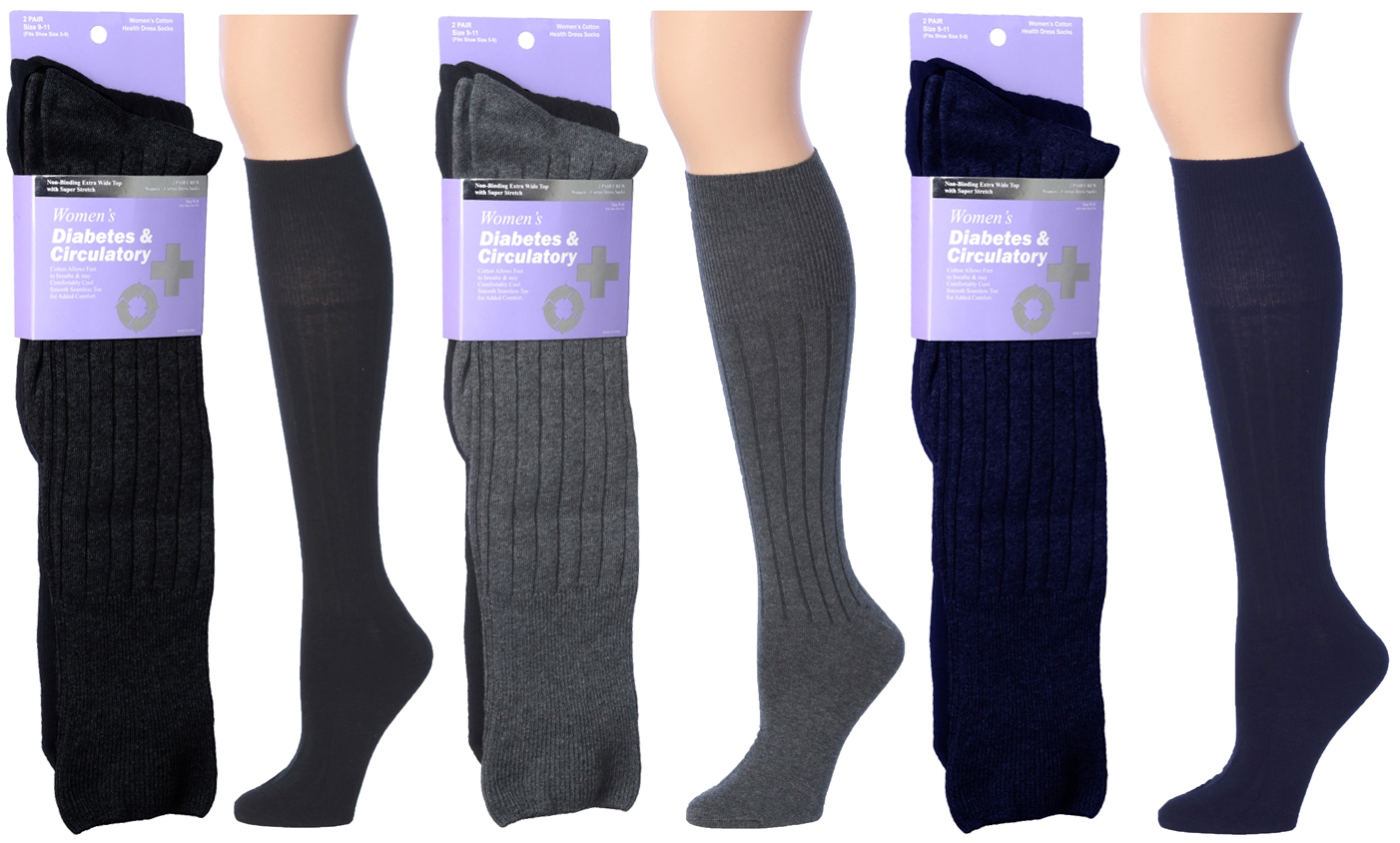 Women's Diabetic Knee High Socks - Assorted Colors - Size 9-11 - 2-Pair Packs