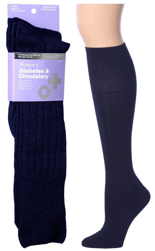 Women's Navy Blue Diabetic Knee High Socks - Size 9-11 - 2-Pair Packs