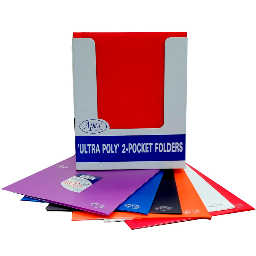 Premium 2-Pocket Ultra Poly Folders w/ File Finder Corner - Assorted Colors