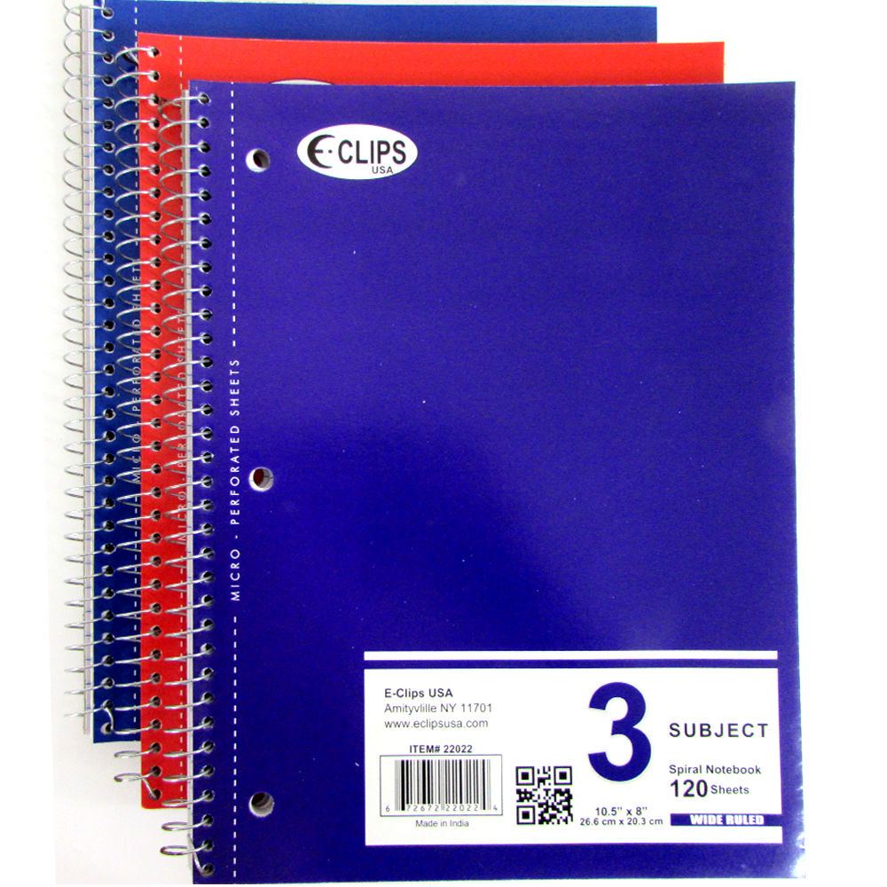 120-Page 3-Subject Wide Ruled Spiral NOTEBOOKs - Assorted Colors