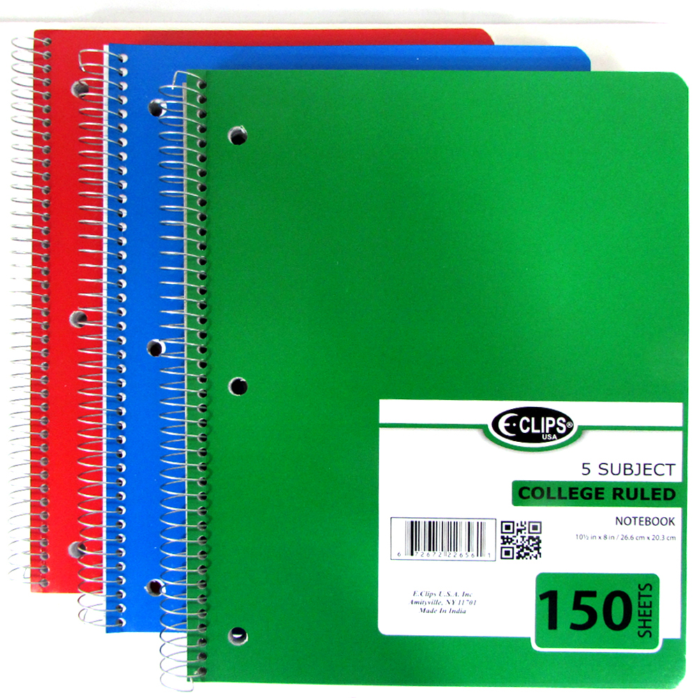 5-Subject College Ruled Spiral NOTEBOOKs - Assorted Colors - 150 Sheets