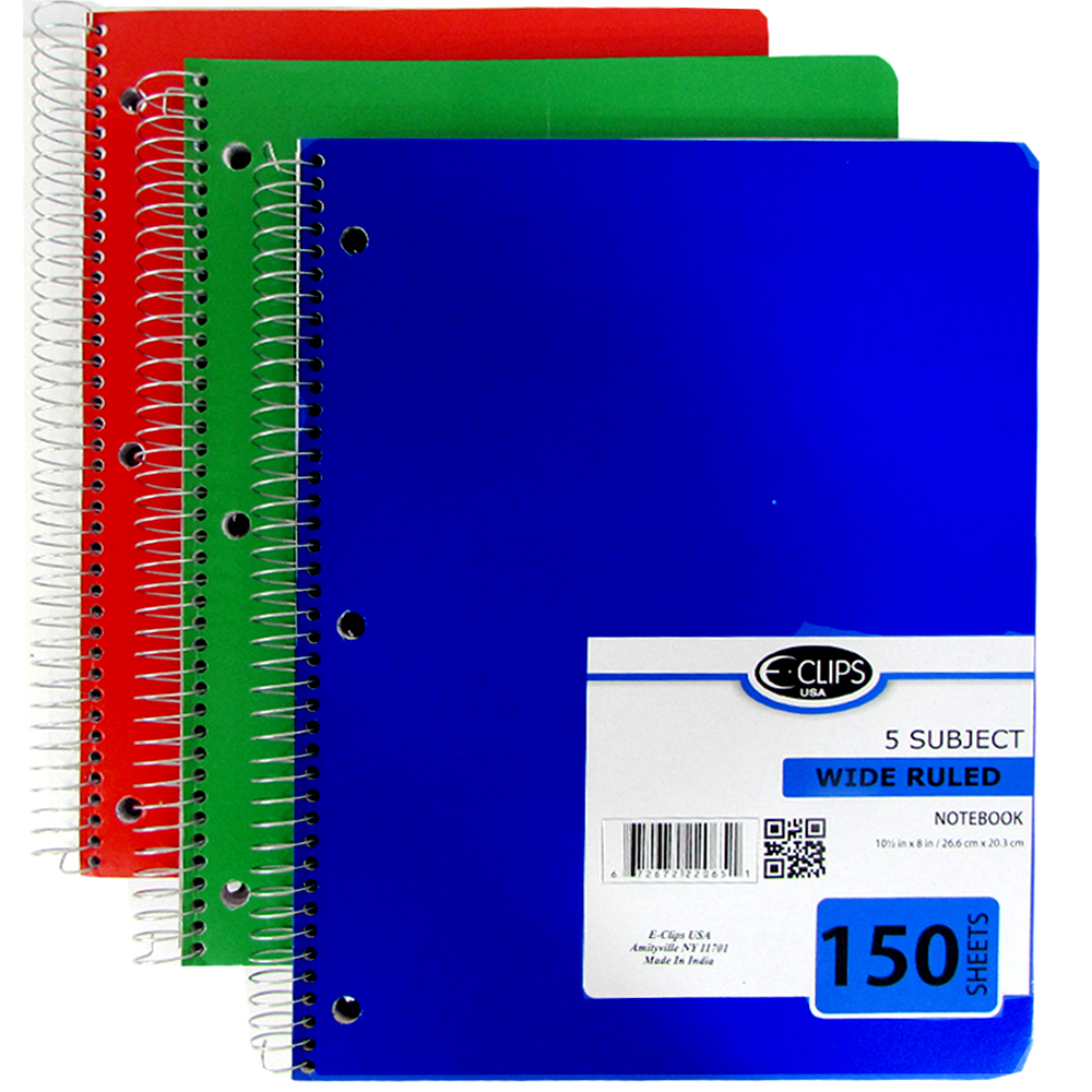 150-Page 5-Subject Wide Ruled Spiral NOTEBOOKs - Assorted Colors