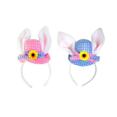 Easter Headband W/checkered HAT& Bunny Ears 2ast Clrs Jhook/ht