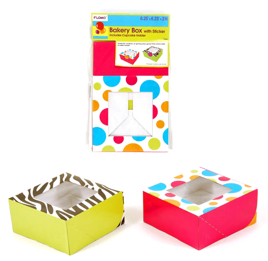 ''6.25'''' Bakery Box w/ STICKER & Cupcake Holder - Assorted Colors''