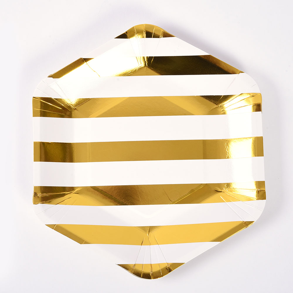 ''9'''' GOLD Stripe Hexagon Plate w/ Hotstamping - 6-Packs''