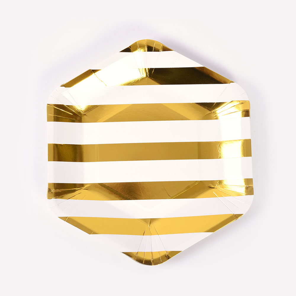 ''7'''' GOLD Stripe Hexagon Plate w/ Hotstamping - 6-Packs''