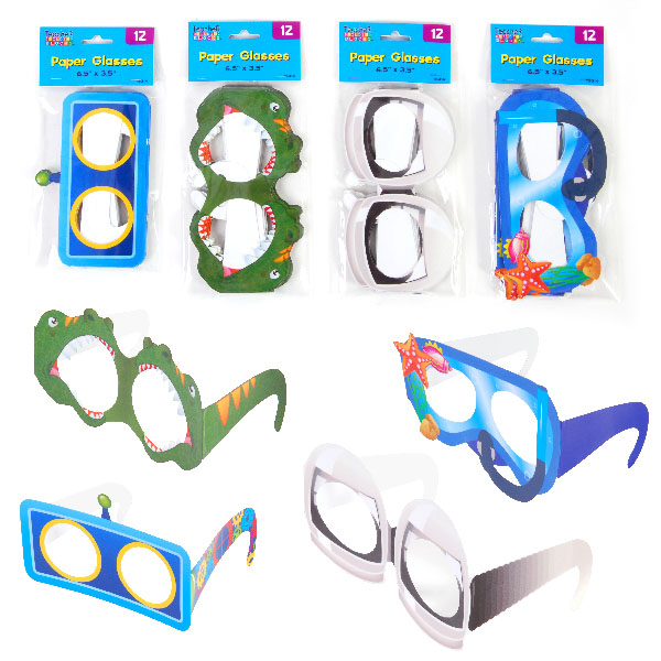 ''Printed Paper GLASSES w/ Cut-Out Designs - Dinosaurs, Robot, Ocean & Space - 12-Pack''