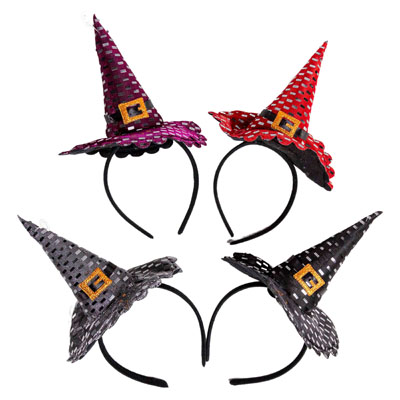 Witch HAT Headband 4ast Colors W/shiny Emblsh Fabric & Glitter Buckle Ht/jhook