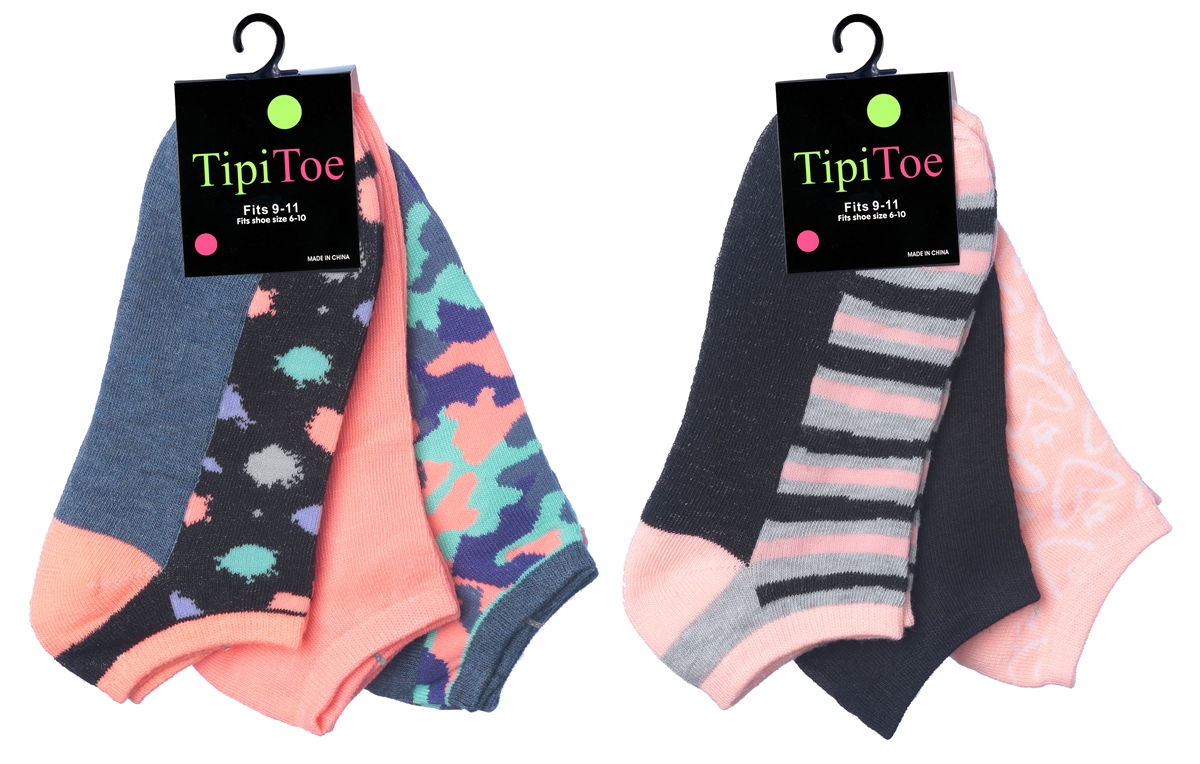 Women's Low Cut Novelty Socks - Peach/Purple/Black Prints - Size 9-11 - 3-Pair Packs