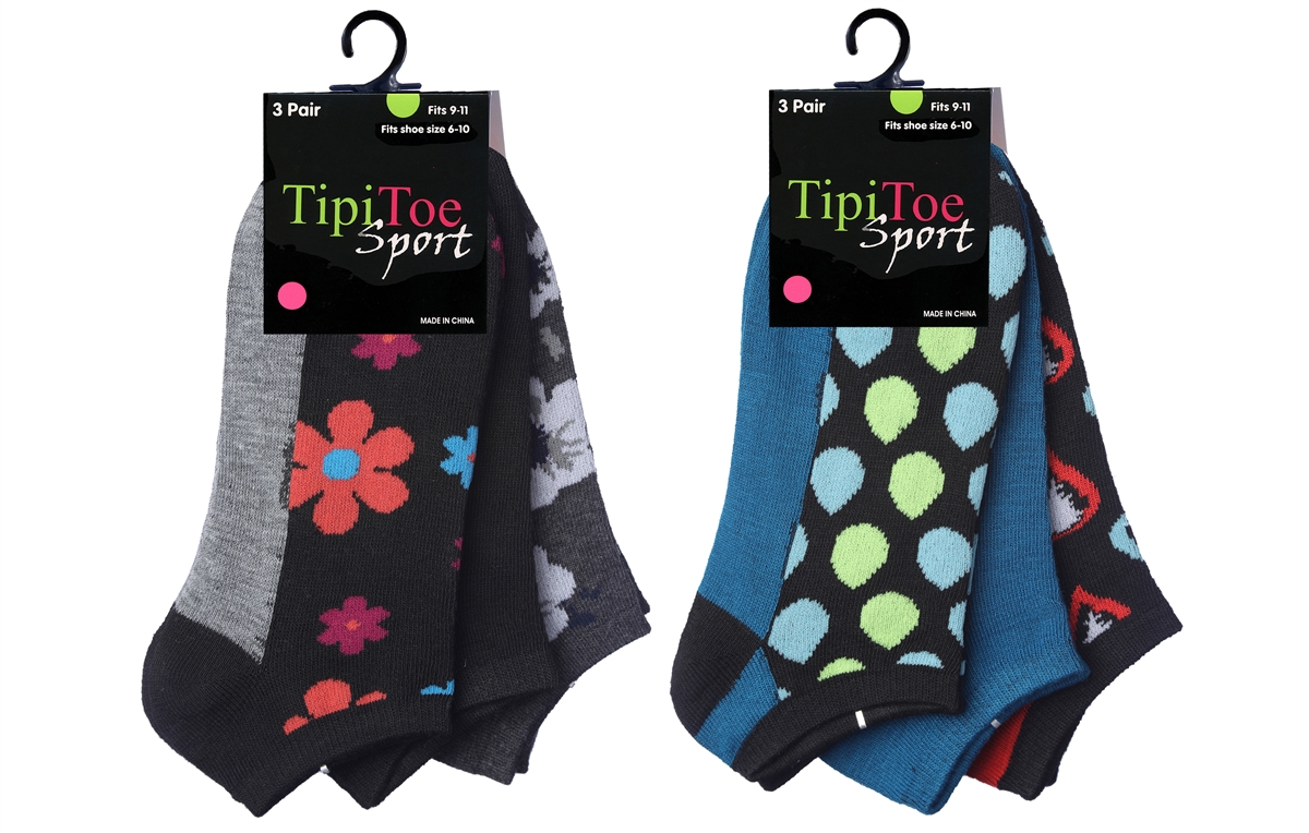 Women's Low Cut Novelty Socks - Floral/Dot/Heart Theme - Size 9-11 - 3-Pair Packs