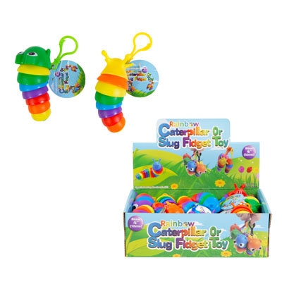 Fidget Caterpillar/slug Wiggly Rainbow W/keycahin 24pc Pdq Assorted Colors 4in/ht