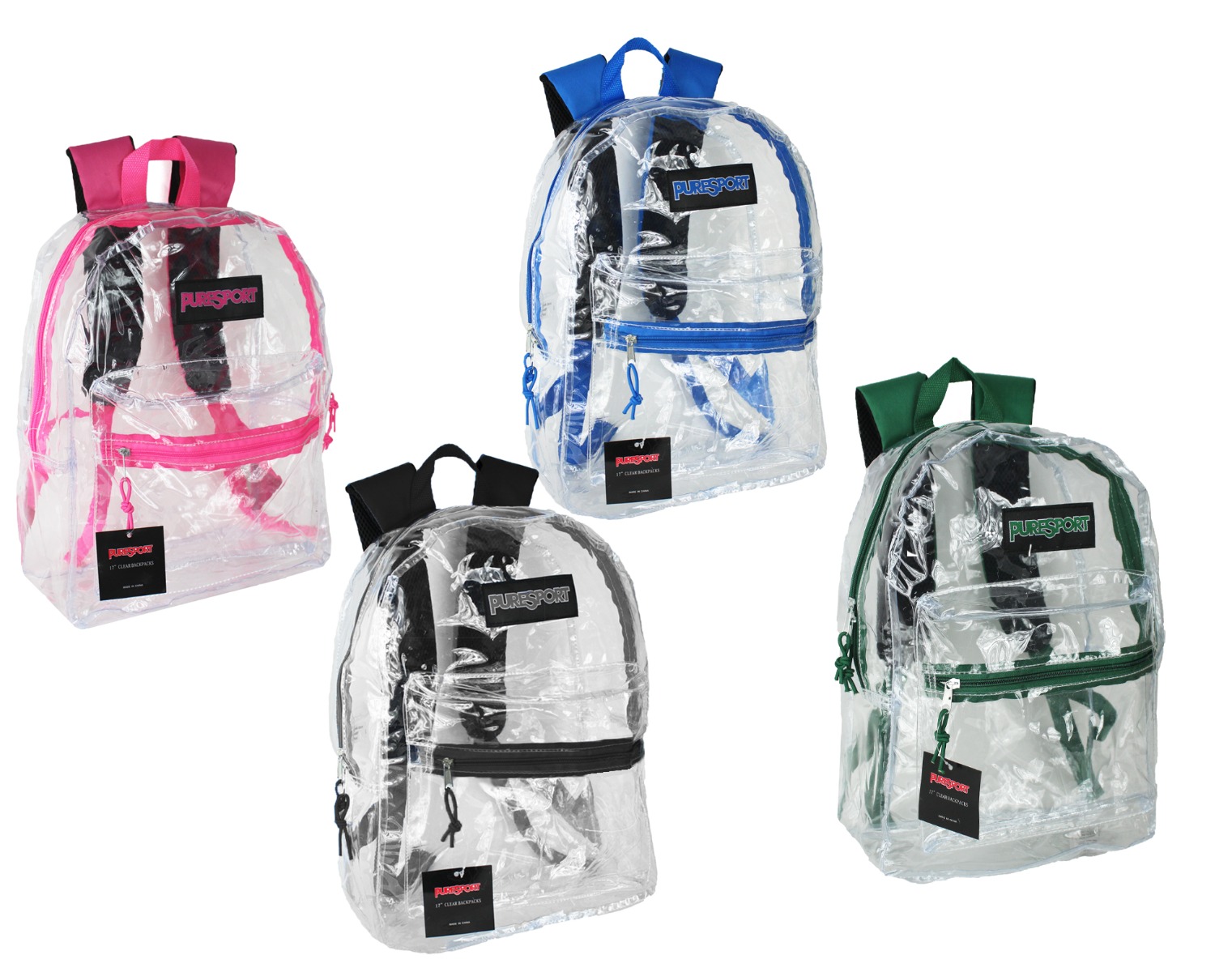 ''17'''' Classic Clear PureSport Backpacks w/ Front Zipper Pocket - Assorted Colors''