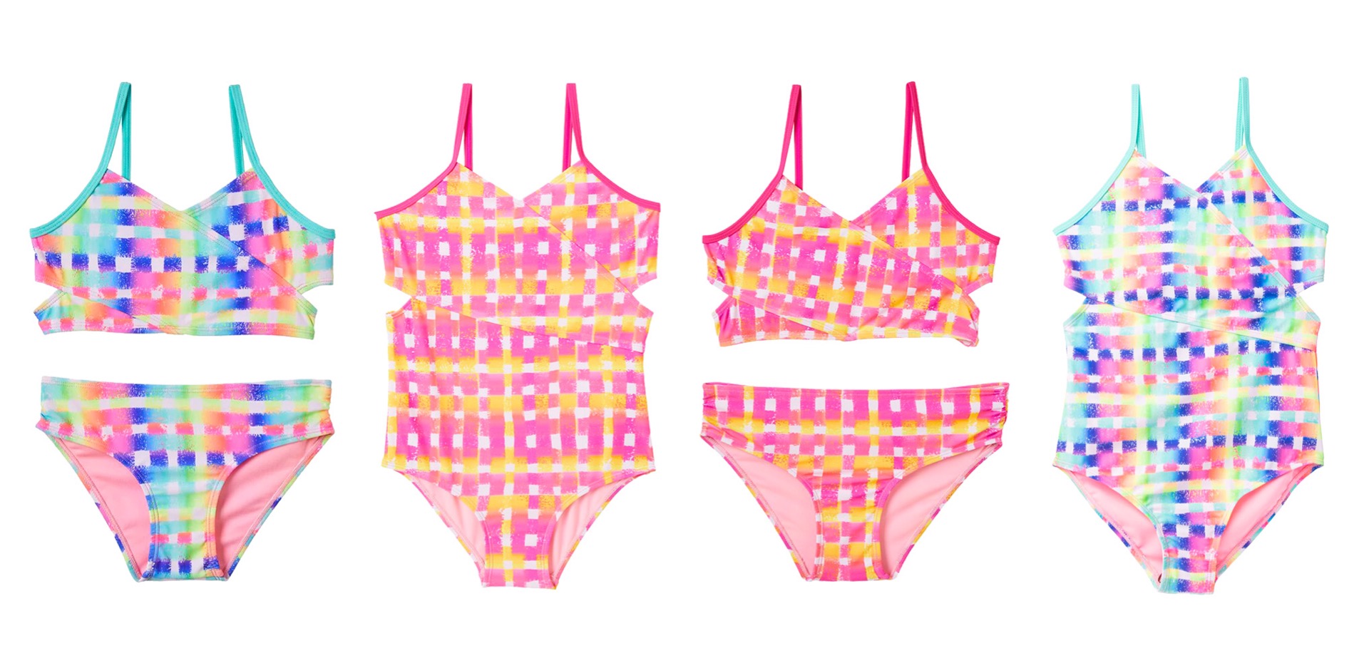 Girl's Rainbow Fashion One & Two-Piece Swimsuits - Gingham Striped Print - Sizes 7-16