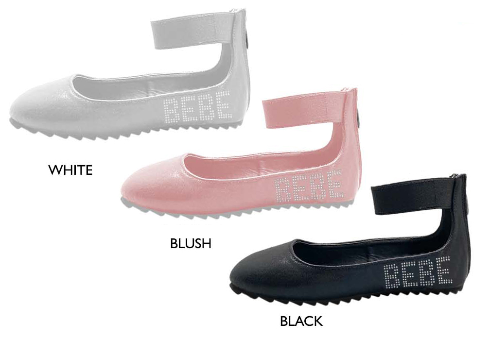 ''Girl's Shimmer Patent Flats w/ Elastic Ankle Strap, Bebe Rhinestone Logo, & Treaded Soles''