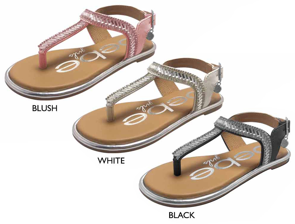 ''Girl's T-Strap Sandals w/ Faceted Details, Bebe Charm, & Metallic Trim''