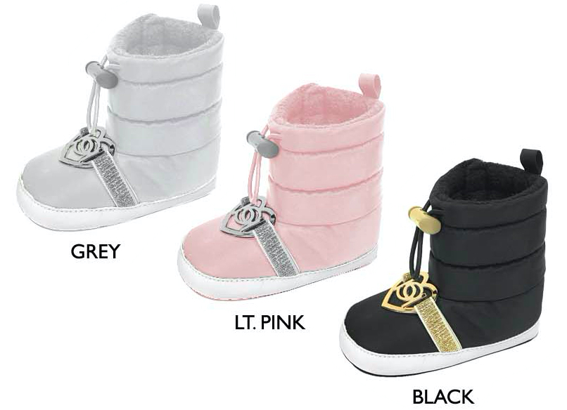 ''Infant Girl's Quilted Nylon BOOTS w/ Metallic Heart, Strap, & Drawtring Closure''