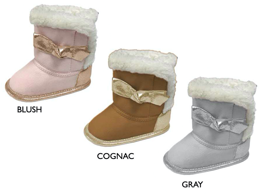 ''Infant Girl's Microsuede BOOTS w/ Shimmer Bow & Faux Fur Trim, & Velcro Closure''